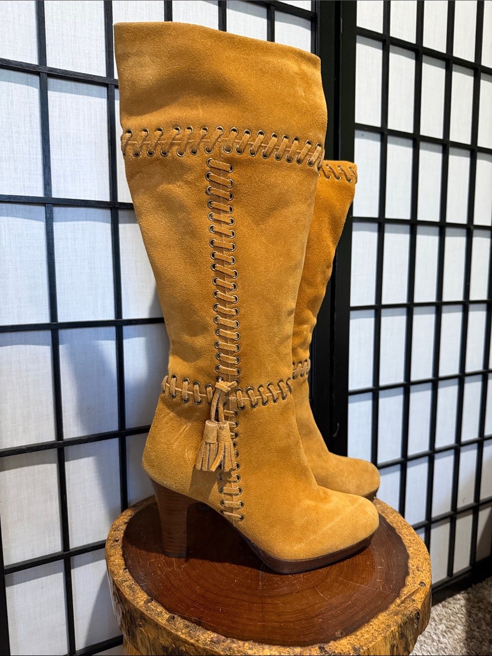Madeline Kaitlin Suede Over-the-Knee Boots with Tassel Stitching Worn Once